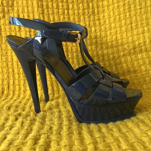 YSL TRIBUTE PLATFORM SANDALS IN PATENT LEATHER 38, navy blue - Picture 9 of 9